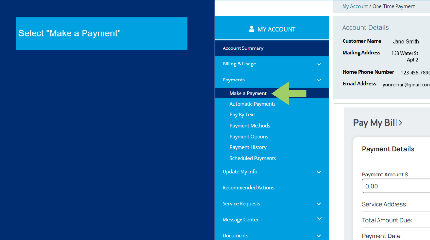 My Account portal showing the Make A Payment menu option
