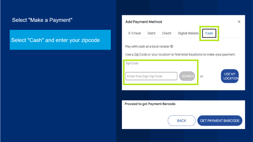 Selecting the Cash payment option and entering a zip code