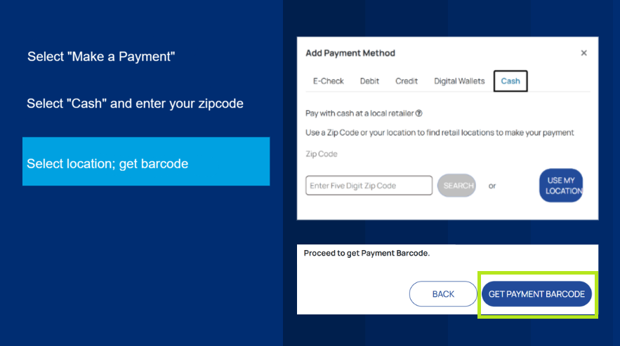 Selecting a location and getting the payment barcode